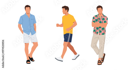 Collection set vector flat style of 3 men wearing summer beach outfits, relaxed vacation style characters isolated on clean background for holiday and travel concepts