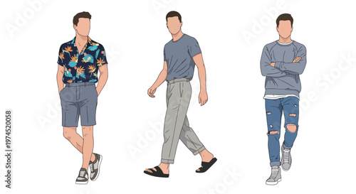 Collection set vector flat style of 3 men wearing summer beach outfits, relaxed vacation style characters isolated on clean background for holiday and travel concepts