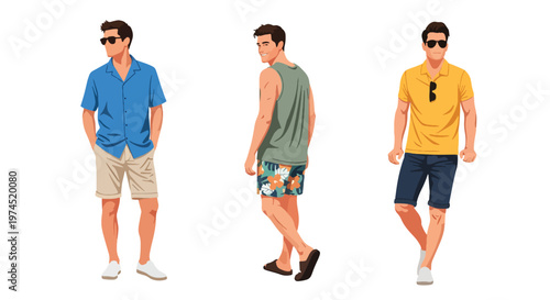 Collection set vector flat style of 3 men wearing summer beach outfits, relaxed vacation style characters isolated on clean background for holiday and travel concepts