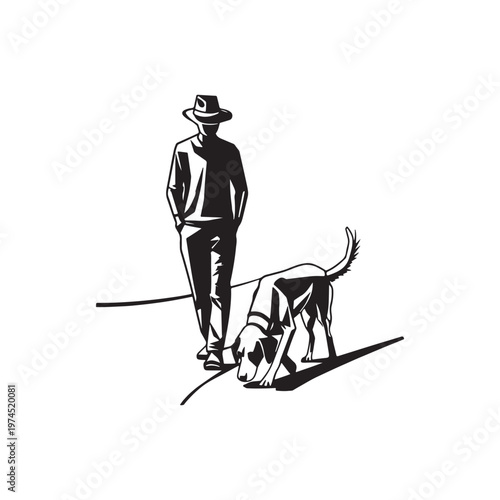 Black and white of a man wearing a hat walking a dog that is sniffing the ground on a white background Keywords: man