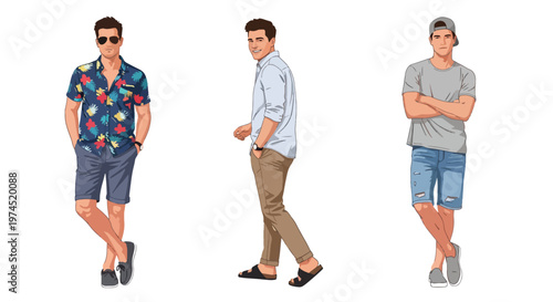 Collection set vector flat style of 3 men wearing summer beach outfits, relaxed vacation style characters isolated on clean background for holiday and travel concepts