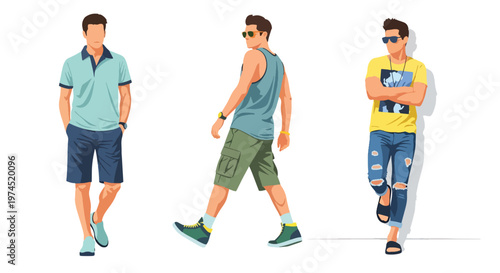Collection set vector flat style of 3 men wearing summer beach outfits, relaxed vacation style characters isolated on clean background for holiday and travel concepts