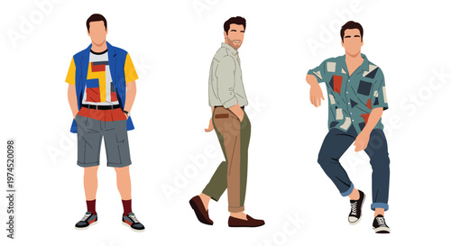 Collection set vector flat style of 3 men wearing summer beach outfits, relaxed vacation style characters isolated on clean background for holiday and travel concepts