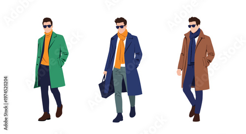 Collection set vector flat style of 3 men wearing trendy spring fashion outfits, modern male characters isolated on clean background for seasonal lifestyle concepts