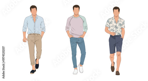 Collection set vector flat style of 3 men wearing trendy spring fashion outfits, modern male characters isolated on clean background for seasonal lifestyle concepts