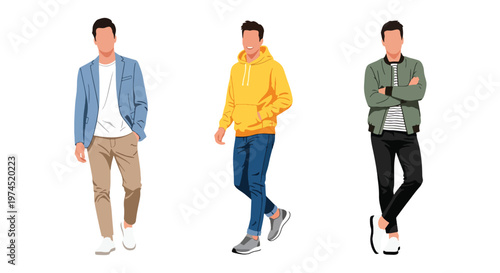 Collection set vector flat style of 3 men wearing trendy spring fashion outfits, modern male characters isolated on clean background for seasonal lifestyle concepts