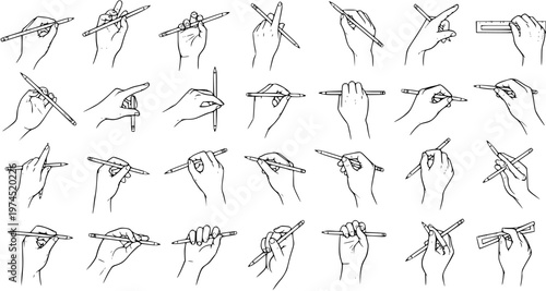 Black and White Line Art Illustration of Hands Holding Pencils, Pens, and Ruler with Diverse Grips for Education and Art
