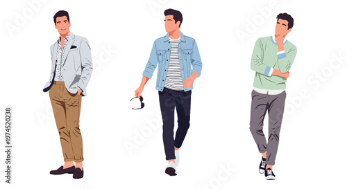 Collection set vector flat style of 3 men wearing trendy spring fashion outfits, modern male characters isolated on clean background for seasonal lifestyle concepts