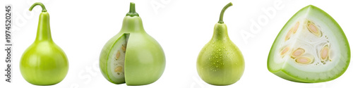 Fotografija Fresh organic bottle gourd, also known as calabash, whole and sectioned, on a transparent background