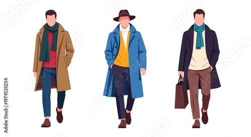 Collection set vector flat style of 3 men wearing trendy spring fashion outfits, modern male characters isolated on clean background for seasonal lifestyle concepts