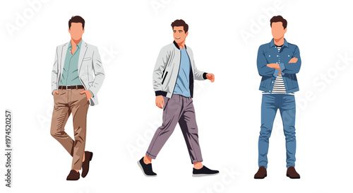 Collection set vector flat style of 3 men wearing trendy spring fashion outfits, modern male characters isolated on clean background for seasonal lifestyle concepts