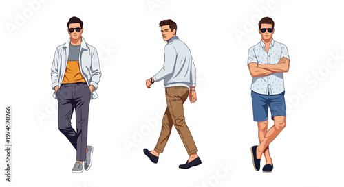 Collection set vector flat style of 3 men wearing trendy spring fashion outfits, modern male characters isolated on clean background for seasonal lifestyle concepts