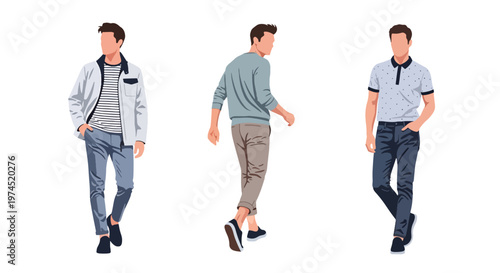 Collection set vector flat style of 3 men wearing trendy spring fashion outfits, modern male characters isolated on clean background for seasonal lifestyle concepts