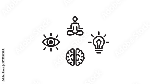 Mindfulness Meditation Icons for Mental Health, Creative Insight, and Brain Wellness Concepts