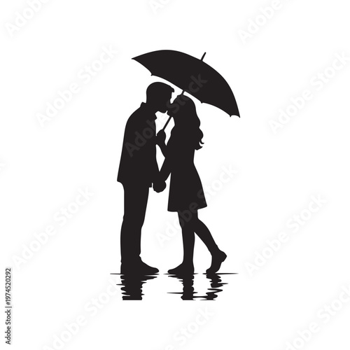 Silhouette of a couple kissing under an umbrella with reflections on a white background