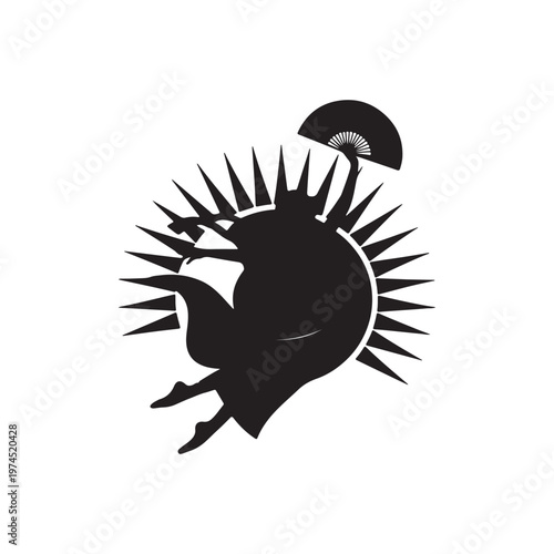 Stylized Black Silhouette of a Dancer with a Fan and Sunburst Rays performance