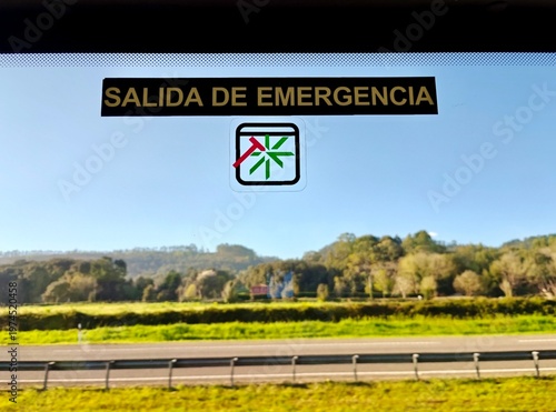 Emergency Exit Window Sign on Bus – Safety Instructions Transportation Concept