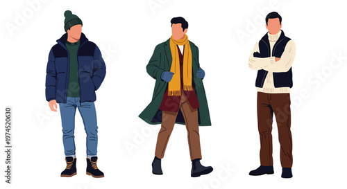 Collection set vector flat style of 3 men wearing heavy winter outdoor clothing, cold climate characters isolated on clean background for outdoor and seasonal concepts