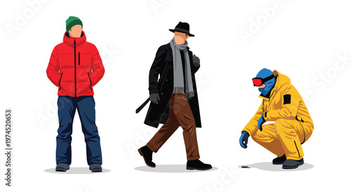 Collection set vector flat style of 3 men wearing heavy winter outdoor clothing, cold climate characters isolated on clean background for outdoor and seasonal concepts