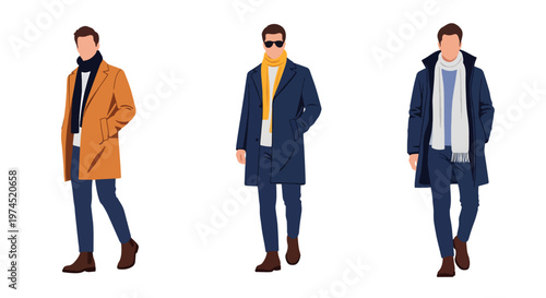 Collection set vector flat style of 3 men wearing heavy winter outdoor clothing, cold climate characters isolated on clean background for outdoor and seasonal concepts