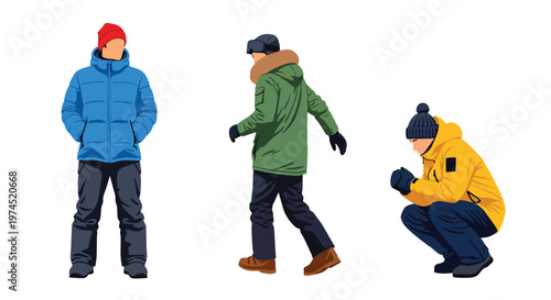 Collection set vector flat style of 3 men wearing heavy winter outdoor clothing, cold climate characters isolated on clean background for outdoor and seasonal concepts