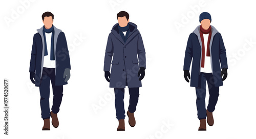 Collection set vector flat style of 3 men wearing heavy winter outdoor clothing, cold climate characters isolated on clean background for outdoor and seasonal concepts