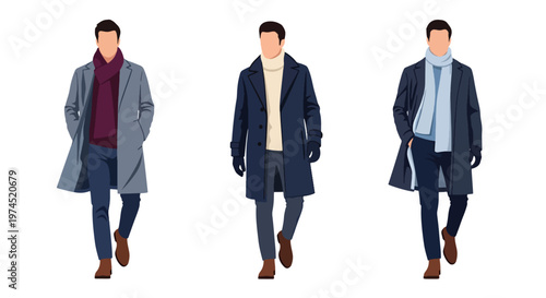 Collection set vector flat style of 3 men wearing heavy winter outdoor clothing, cold climate characters isolated on clean background for outdoor and seasonal concepts