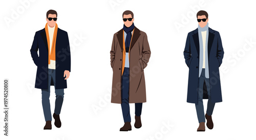 Collection set vector flat style of 3 men wearing heavy winter outdoor clothing, cold climate characters isolated on clean background for outdoor and seasonal concepts
