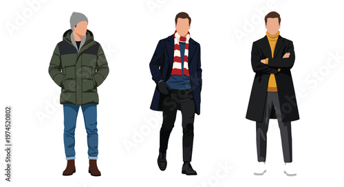 Collection set vector flat style of 3 men wearing heavy winter outdoor clothing, cold climate characters isolated on clean background for outdoor and seasonal concepts