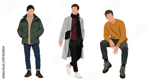 Collection set vector flat style of 3 men wearing heavy winter outdoor clothing, cold climate characters isolated on clean background for outdoor and seasonal concepts