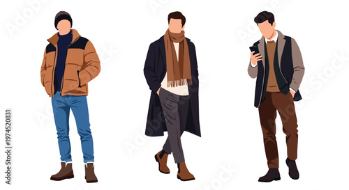 Collection set vector flat style of 3 men wearing heavy winter outdoor clothing, cold climate characters isolated on clean background for outdoor and seasonal concepts