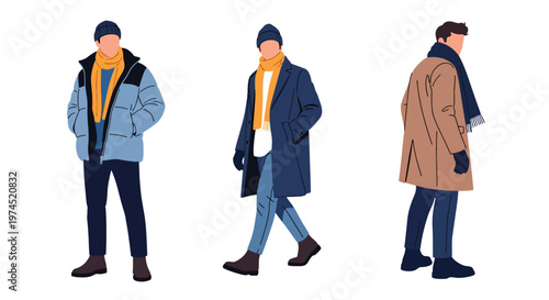 Collection set vector flat style of 3 men wearing heavy winter outdoor clothing, cold climate characters isolated on clean background for outdoor and seasonal concepts
