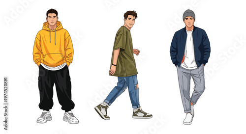 Collection set vector flat style of 3 men wearing streetwear outfits, modern urban fashion characters isolated on clean background for youth lifestyle concepts