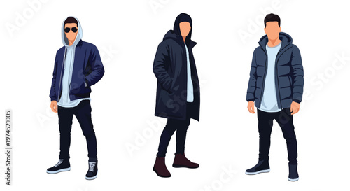 Collection set vector flat style of 3 men wearing streetwear outfits, modern urban fashion characters isolated on clean background for youth lifestyle concepts