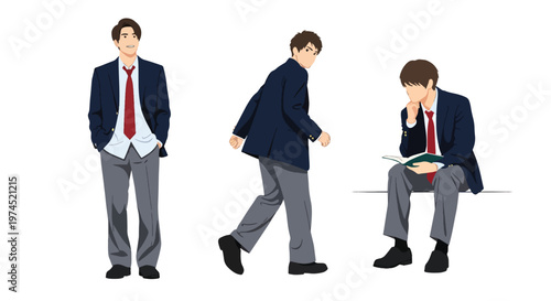 Collection set vector flat style of 3 male students in school uniforms, education characters isolated on clean background for academic and student life concepts