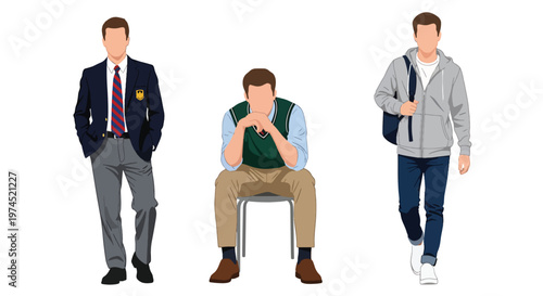 Collection set vector flat style of 3 male students in school uniforms, education characters isolated on clean background for academic and student life concepts