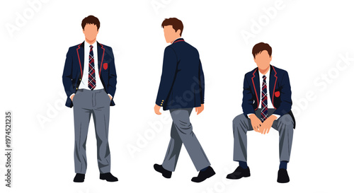 Collection set vector flat style of 3 male students in school uniforms, education characters isolated on clean background for academic and student life concepts