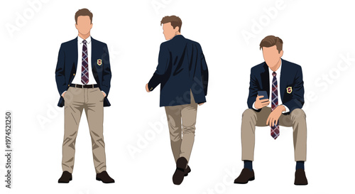 Collection set vector flat style of 3 male students in school uniforms, education characters isolated on clean background for academic and student life concepts