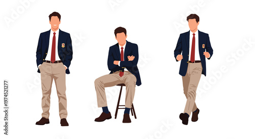 Collection set vector flat style of 3 male students in school uniforms, education characters isolated on clean background for academic and student life concepts
