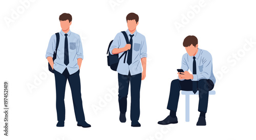 Collection set vector flat style of 3 male students in school uniforms, education characters isolated on clean background for academic and student life concepts