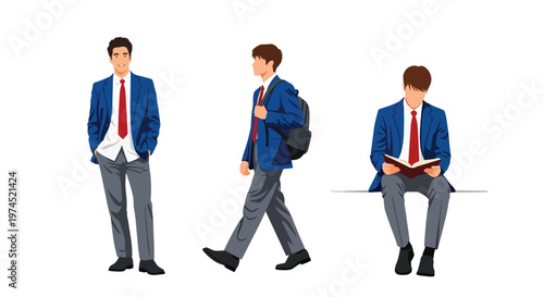 Collection set vector flat style of 3 male students in school uniforms, education characters isolated on clean background for academic and student life concepts