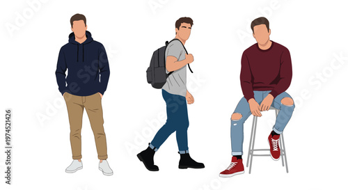 Collection set vector flat style of 3 male college students, casual learning lifestyle characters isolated on clean background for education and campus concepts
