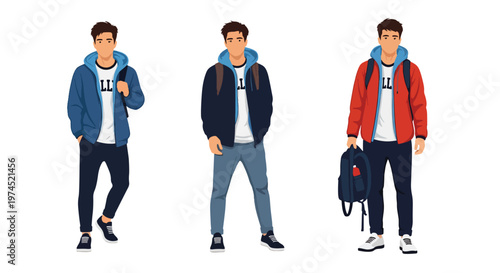 Collection set vector flat style of 3 male college students, casual learning lifestyle characters isolated on clean background for education and campus concepts