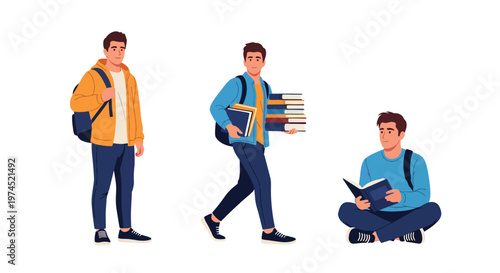 Collection set vector flat style of 3 male college students, casual learning lifestyle characters isolated on clean background for education and campus concepts