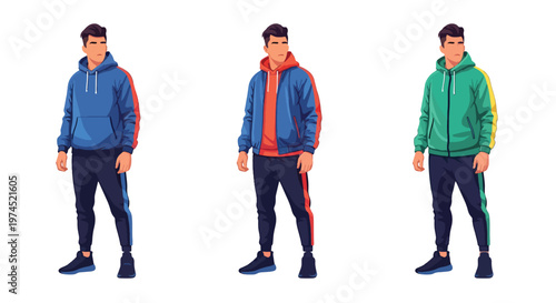 Collection set vector flat style of 3 men wearing sport outfits in active poses, athletic lifestyle characters isolated on clean background for fitness and training concepts