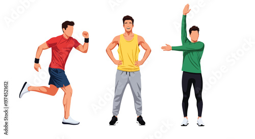 Collection set vector flat style of 3 men wearing sport outfits in active poses, athletic lifestyle characters isolated on clean background for fitness and training concepts