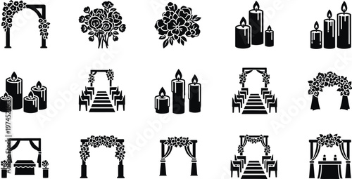 Wedding and event decoration icons arches floral arrangements and candles