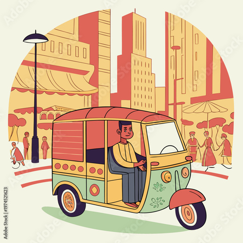 Auto rickshaw driver in a city street with tall buildings, public transport