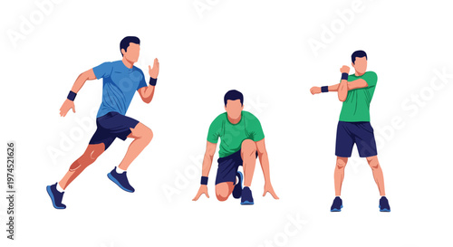 Collection set vector flat style of 3 men wearing sport outfits in active poses, athletic lifestyle characters isolated on clean background for fitness and training concepts