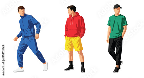 Collection set vector flat style of 3 men wearing sport outfits in active poses, athletic lifestyle characters isolated on clean background for fitness and training concepts